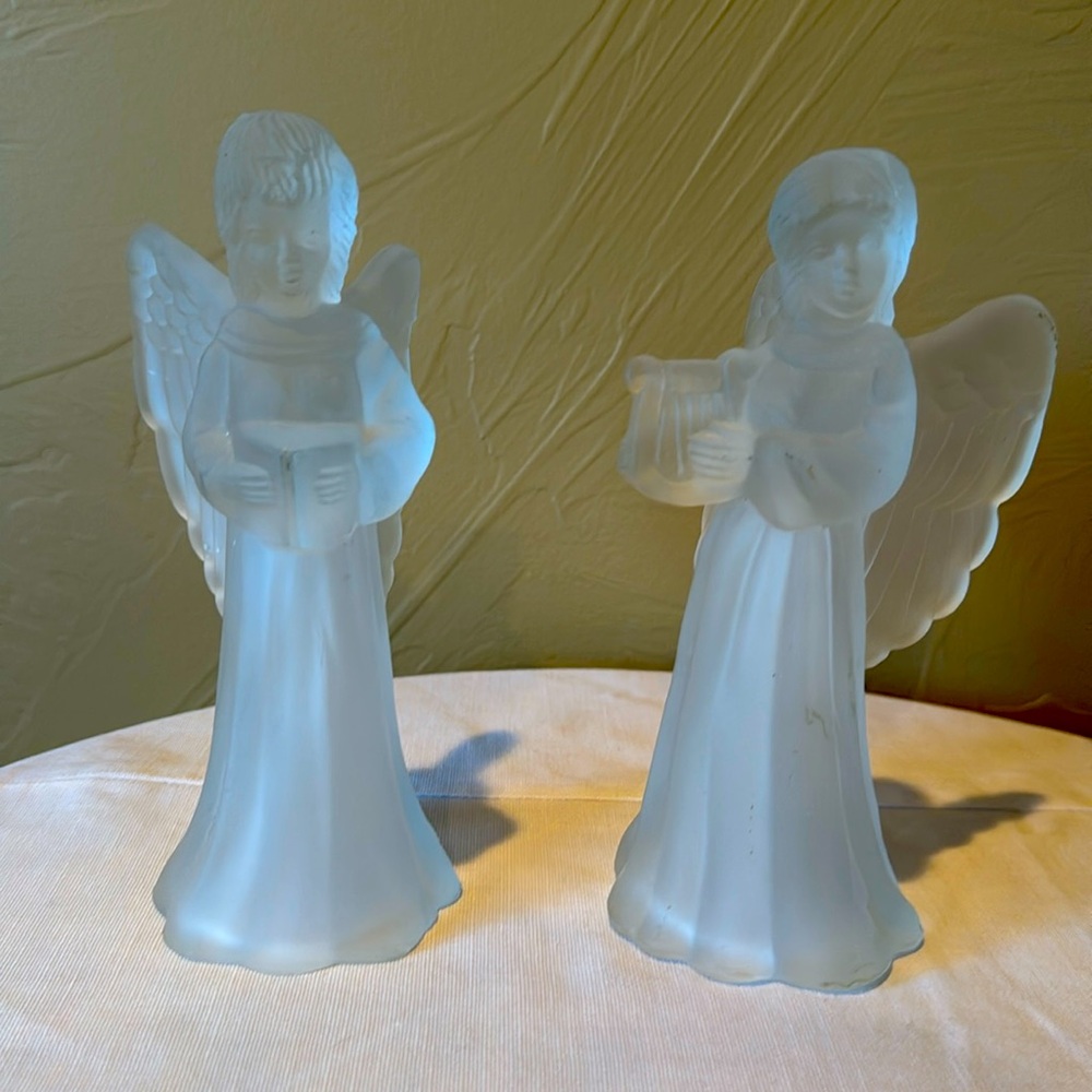 Set of 2 Frosted Christmas Angels Playing Harp Caroling Book Tea Light Decor